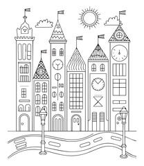Obraz premium City building beautiful scenery coloring page for kids, black line art vector illustration on white background 