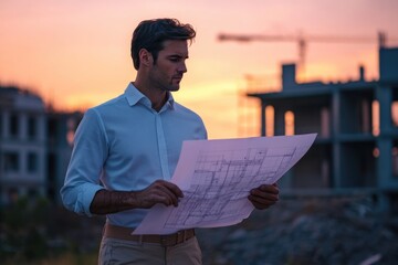 A sophisticated architect intently studies building plans against a vibrant sunset backdrop, overseeing construction progress with meticulous attention.