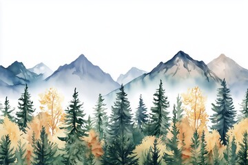 Fototapeta premium Watercolor seamless border of mountain landscapes and pine trees on white background