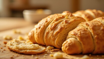 Fototapeta premium Golden croissants on a wooden surface bathed in soft light, with a sliced piece showcasing its buttery interior, creating an inviting culinary scene for breakfast.