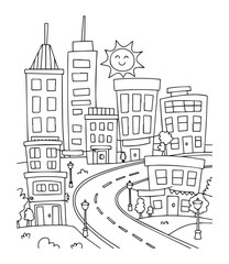 Fototapeta premium City building beautiful scenery coloring page for kids, black line art vector illustration on white background 