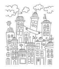 Fototapeta premium City building beautiful scenery coloring page for kids, black line art vector illustration on white background 
