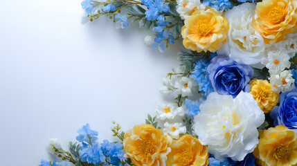 bouquet of blue, white  and yellow flowers
