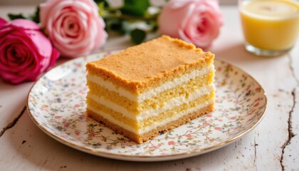 A delicious slice of layered sponge cake with creamy filling sits on a floral plate near soft pink roses and a glass of orange juice for a sweet and delightful treat.