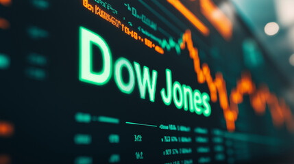 Dow Jones  index 
showing on a computer screen with stock exchange,trading,financial data in background.