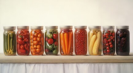 Row of glass jars filled with colorful preserved vegetables.  Various types of peppers, corn, carrots, and other produce are visible inside, offering a vibrant display of preserved food