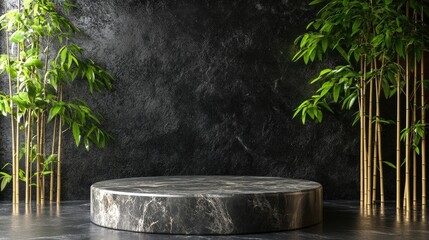 Dark, modern podium with bamboo plants.