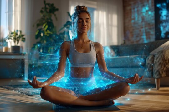 Young woman meditating with holographic guidance in peaceful room