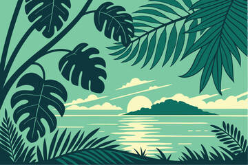 10 Tropical sunset scene, stylized vector illustration, vibrant teal and green colors, palm fronds and monstera leaves, calm ocean, setting sun reflection, layered clouds, minimalist design, flat grap