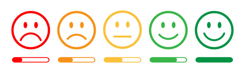 Outlined colorful emoticons showing customer satisfaction levels from poor to excellent with progress bars. Perfect for surveys, feedback, reviews, and rating forms. Feedback, rating emoji.