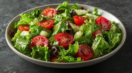 Fresh, vibrant salad with mixed greens, cherry tomatoes, and cucumber