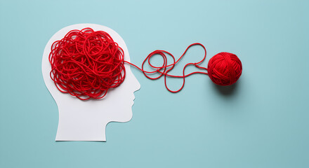 Mind Knot White Head Silhouette with Tangled Red Thread Connected to Yarn Ball on Light Blue Background