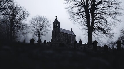 A shadowy church enveloped by a misty forest.