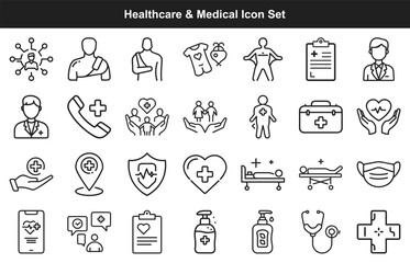 Black outline healthcare medical icons show medicine, treatment and emergency aid symbols for clinic or hospital