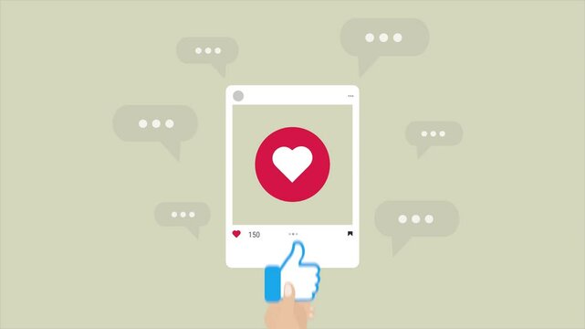 A user gives like, heart to social media post in green background. Modern flat graphics design. Animation concept for product promotion, service, shop, presentation. E-commerce marketing idea.