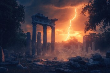 Ancient ruins silhouetted against a dramatic, orange sky with a bright lightning strike, evoking a sense of mystery and timelessness.