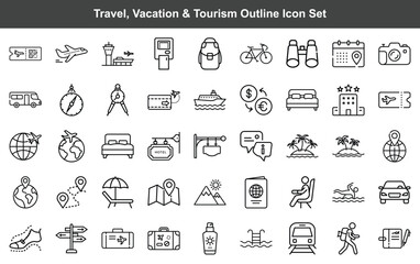 Black outline icons represent travel, vacation, and tourism related activities, perfect for many purposes