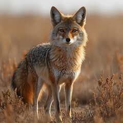 Fototapeta premium Golden furred jackal stalking across an arid wasteland
