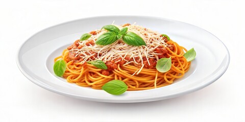 Delicious Spaghetti with Tomato Meat Sauce, Grated Cheese, and Basil Leaves on White Plate – Italian Pasta Dish