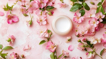 A circular white space surrounded by pink roses and blossoms on a pink background.