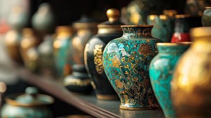 Traditional ceramic vases in artisan store with detailed textures and warm antique lighting