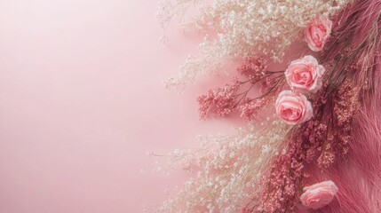 A circular white space surrounded by pink roses and blossoms on a pink background.