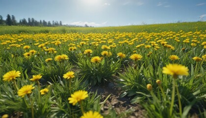 Fototapeta premium Sunny day, vibrant yellow dandelions in green field, clear blue sky, bloom, gold, color