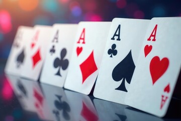 Playing cards arranged in a row showing an ace of each suit , clubs, high card, cards