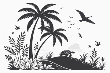 11 Tropical beach silhouette, palm trees, sea turtles, sunset, ocean horizon, flying birds, exotic foliage, black and white illustration, minimalist design, symmetrical composition, tranquil scene, ve