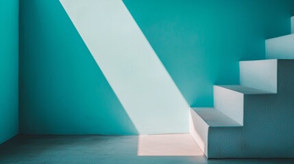 Minimalist staircase in teal and white color scheme with sharp light and shadow contrast