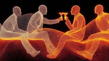 technology style whit net glowing wave,glowing line glow wave,glow line , friends toasting cocktail at night party.stock photo