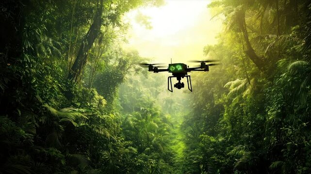 Drone flying high in a dense jungle