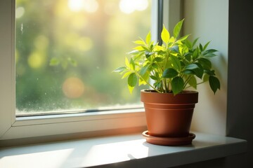 Single potted plant on windowsill, sunlight streaming in, solitude, quiet, solitary