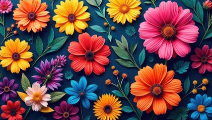 Densely packed, stylized floral motif; vibrant hues , composition, print