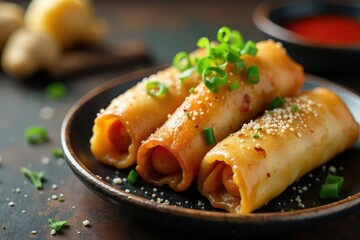 Crispy spring rolls, ginger, scallions, garnish, ginger, wonton, roll