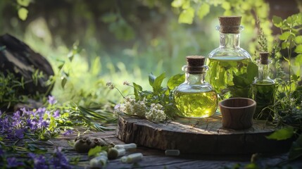 Nature apothecary scene with glass bottles of herbal oil on moss and flowers in forest light