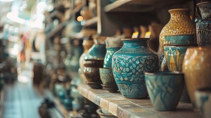 Fototapeta premium Handmade colorful ceramic vases on display shelf in artisan market with soft background blur