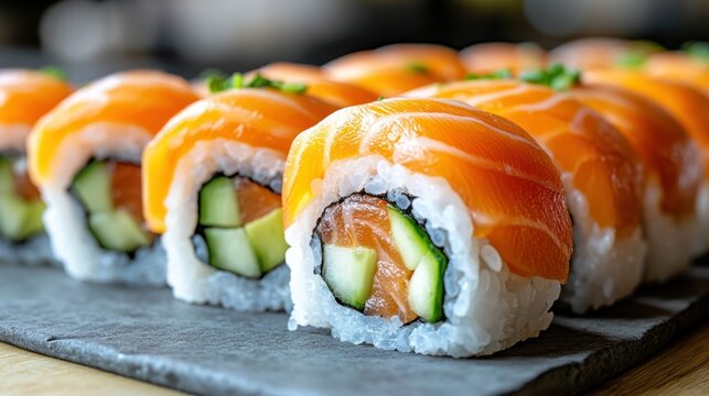 Freshly made salmon sushi rolls on a slate plate