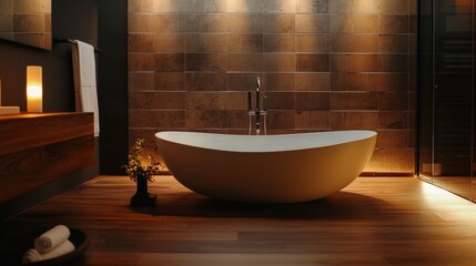 Modern bathroom with round tub and wood panel walls in soft ambient lighting relaxation space