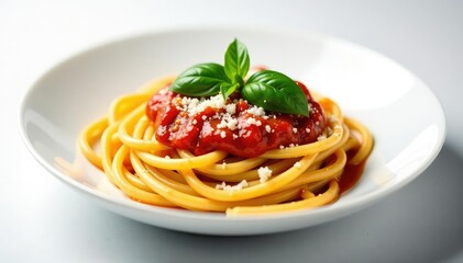 Spaghetti with tomato sauce, parmesan, basil on white , delicious, cheese, white background