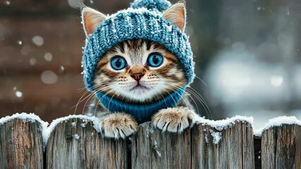 Kitten in a hat on a winter fence. Selective focus. Nature. - Powered by Adobe