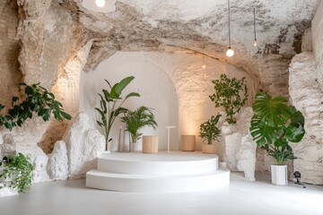 Elevated stage within a natural stone cavern, adorned with lush greenery.