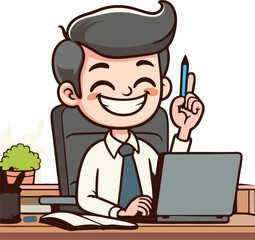 Vector cartoon stick figure drawing conceptual illustration of smiling writer, man or businessman typing or working on computer