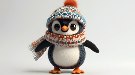 Adorable cartoon penguin wearing winter hat and scarf.