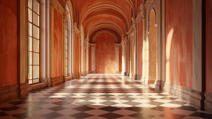 Obraz premium Long elegant hallway with classical arches and terracotta hues bathed in warm directional light