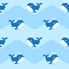 Cute pixel whales on a blue background with sea waves. Seamless pattern, print, vector illustration