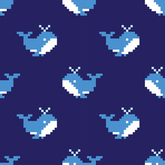 Cute pixel whales on dark blue background. Seamless pattern, print, vector illustration