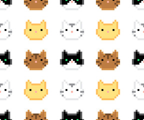 Cute pixel cats on white background. Seamless pattern, print, vector illustration