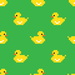 Cute yellow pixel ducklings on a bright green background. Seamless pattern, print, vector illustration