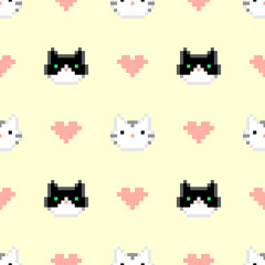 Cute pixel cats on a yellow background with hearts. Seamless pattern, print, vector illustration